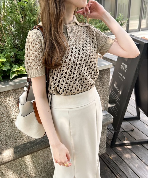 Ambre Ciel(アンブルシエル)の「メッシュポロニット/【WEB/EC限定商品】(ニット/セーター・レディース・ベージュ/アイボリー/モカ・FREE)」の7枚目の写真