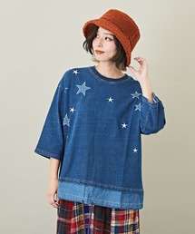 CUBE SUGAR（キューブシュガー）の「インディゴ8分袖クルーネック星パッチワークTシャツ（Tシャツ/カットソー）」
