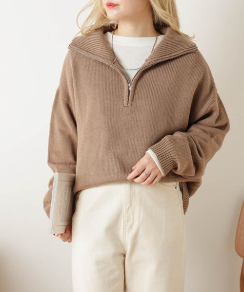 WEGO（ウィゴー）の「WEGO/ハーフZIPニットプルオーバー（ニット/セーター・レディース・ブラック/ベージュ/アイボリー・FREE）」の5枚目の写真