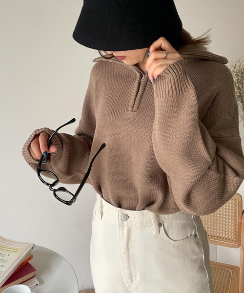 WEGO（ウィゴー）の「WEGO/ハーフZIPニットプルオーバー（ニット/セーター・レディース・ブラック/ベージュ/アイボリー・FREE）」の6枚目の写真