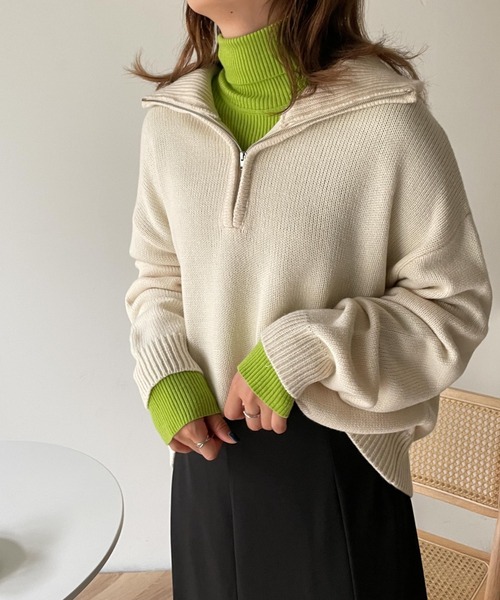 WEGO（ウィゴー）の「WEGO/ハーフZIPニットプルオーバー（ニット/セーター・レディース・ブラック/ベージュ/アイボリー・FREE）」の10枚目の写真