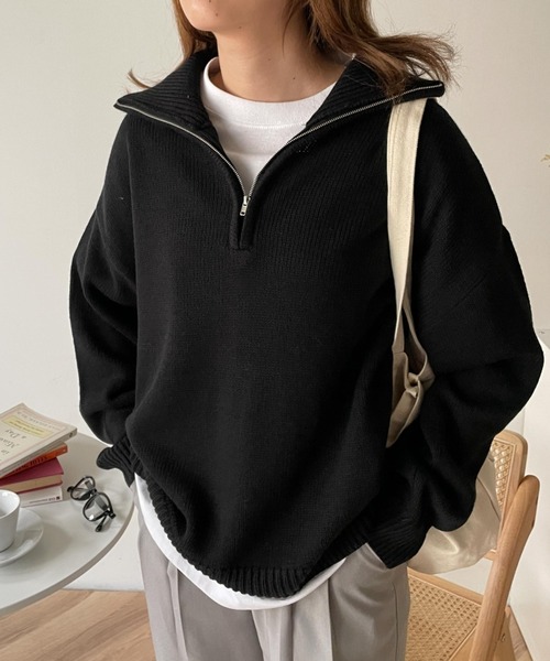 WEGO（ウィゴー）の「WEGO/ハーフZIPニットプルオーバー（ニット/セーター・レディース・ブラック/ベージュ/アイボリー・FREE）」の8枚目の写真