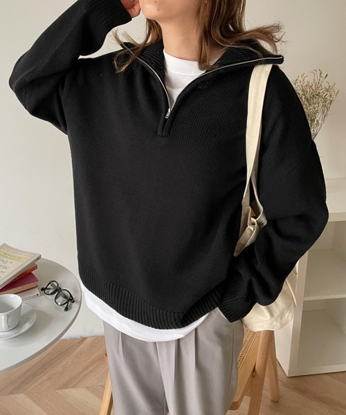 WEGO（ウィゴー）の「WEGO/ハーフZIPニットプルオーバー（ニット/セーター・レディース・ブラック/ベージュ/アイボリー・FREE）」の12枚目の写真