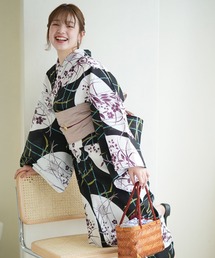 utatane | 浴衣3点セット 黒地に紫の桔梗と露芝(浴衣)