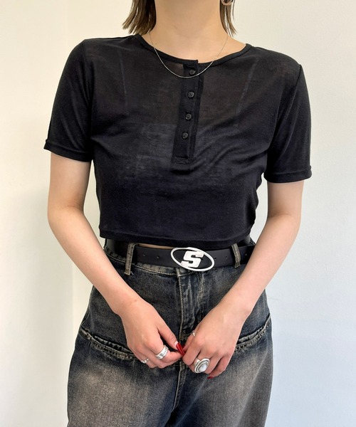 WHO'S WHO gallery(フーズフーギャラリー)の「シアーヘンリーTEE(Tシャツ/カットソー・レディース・ホワイト/ピンク/ブラック・FREE)」の8枚目の写真