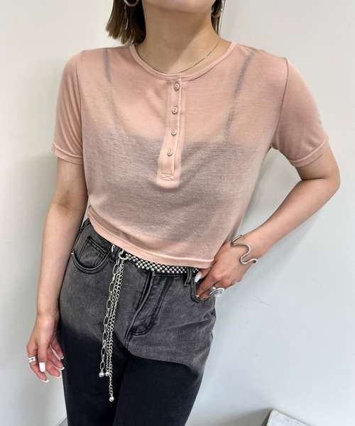 WHO'S WHO gallery(フーズフーギャラリー)の「シアーヘンリーTEE(Tシャツ/カットソー・レディース・ホワイト/ピンク/ブラック・FREE)」の11枚目の写真