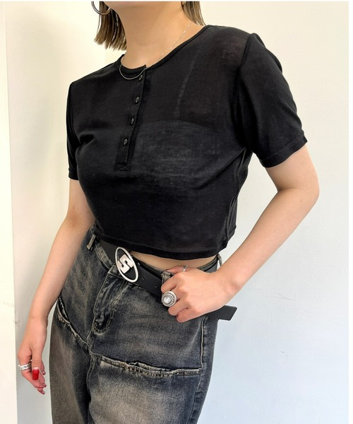 WHO'S WHO gallery(フーズフーギャラリー)の「シアーヘンリーTEE(Tシャツ/カットソー・レディース・ホワイト/ピンク/ブラック・FREE)」の7枚目の写真