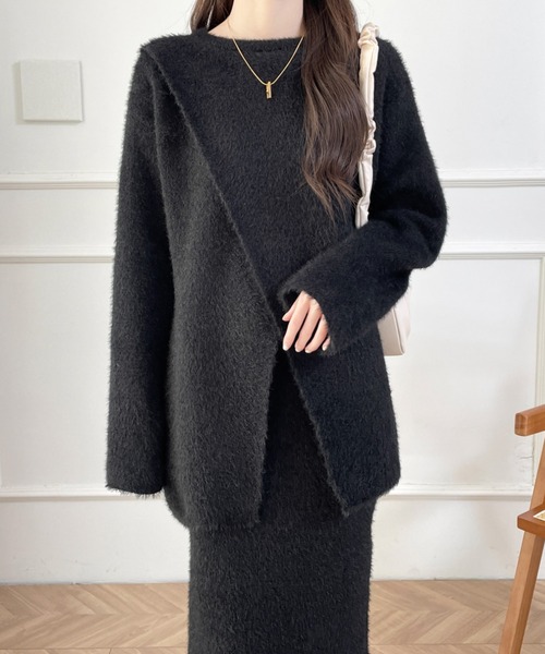 Diosfront(ディオスフロント)の「カシュクールシャギーニット&ハイウエストスカートセットアップ(セットアップ・レディース・アイボリー/ブラック・FREE)」の8枚目の写真