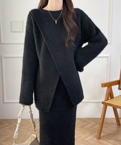 Diosfront(ディオスフロント)の「カシュクールシャギーニット&ハイウエストスカートセットアップ(セットアップ・レディース・アイボリー/ブラック・FREE)」の15枚目の写真