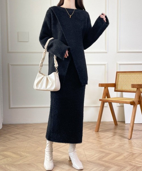 Diosfront(ディオスフロント)の「カシュクールシャギーニット&ハイウエストスカートセットアップ(セットアップ・レディース・アイボリー/ブラック・FREE)」の19枚目の写真