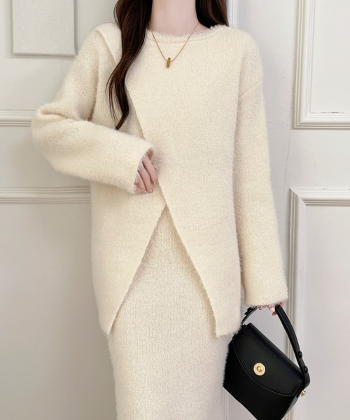 Diosfront(ディオスフロント)の「カシュクールシャギーニット&ハイウエストスカートセットアップ(セットアップ・レディース・アイボリー/ブラック・FREE)」の14枚目の写真