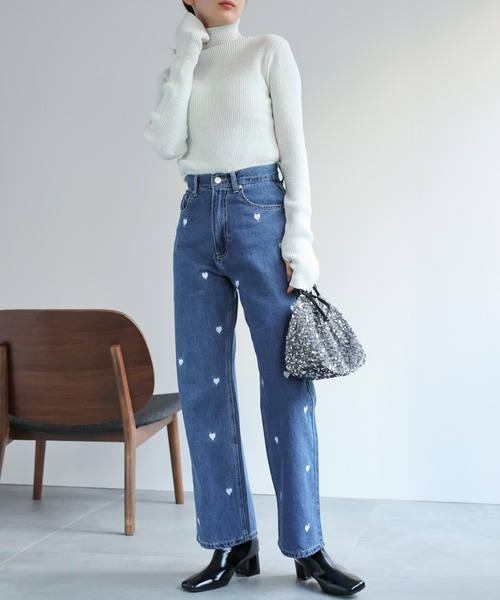 セール】【3サイズ展開】ハート刺しゅうデニムパンツ/ジーンズ（デニム