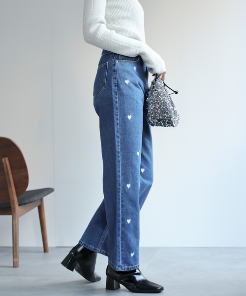 セール】【3サイズ展開】ハート刺しゅうデニムパンツ/ジーンズ（デニム