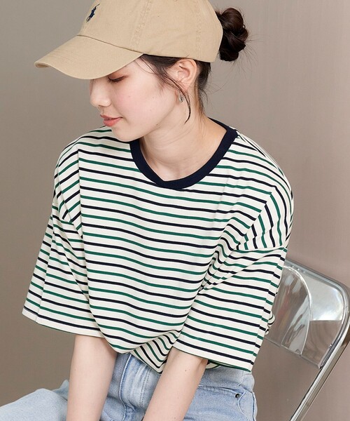 FREAK'S STORE（フリークスストア）の「限定展開　マルチボーダー 半袖 Tシャツ（Tシャツ/カットソー・レディース・ブラック/レッド/グリーン/オレンジ・ﾌﾘ-）」の3枚目の写真