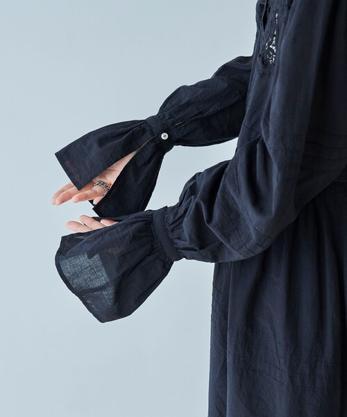 24SS フリークスストア インド綿　カットワークレースワンピース【黒】完売 FREAK'S STORE/インドボイル 襟ギャザーワンピース｜Daytona