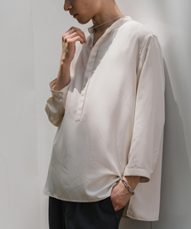 ドレーピー 8分袖 バンドカラープルオーバーシャツ