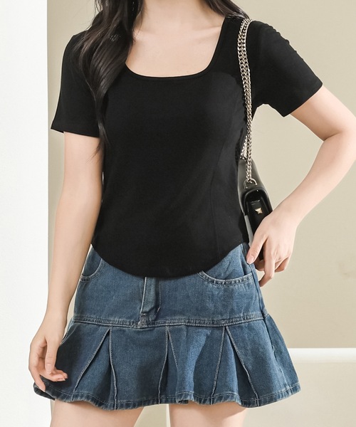 Lace Ladies(レースレディース)の「スクエアネック ラウンドヘム コンパクト 半袖 トップス(Tシャツ/カットソー・レディース・ブラック/グレー/ホワイト/ピンク・S/M/XL)」の2枚目の写真