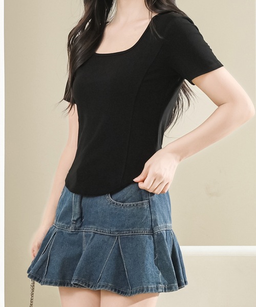 Lace Ladies(レースレディース)の「スクエアネック ラウンドヘム コンパクト 半袖 トップス(Tシャツ/カットソー・レディース・ブラック/グレー/ホワイト/ピンク・S/M/XL)」の11枚目の写真