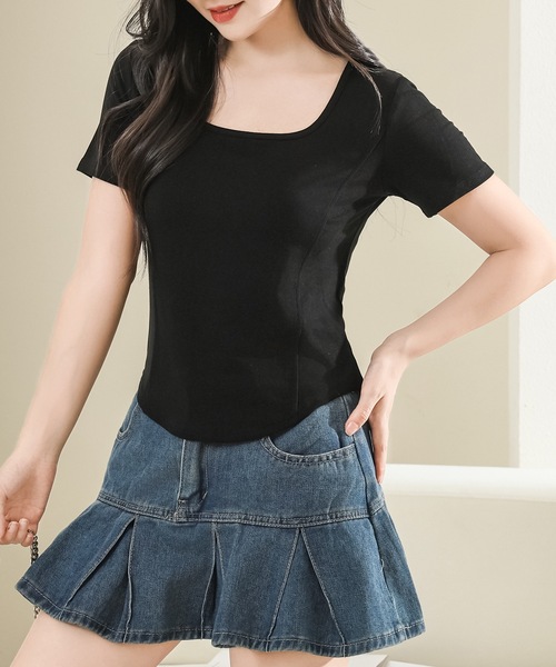 Lace Ladies(レースレディース)の「スクエアネック ラウンドヘム コンパクト 半袖 トップス(Tシャツ/カットソー・レディース・ブラック/グレー/ホワイト/ピンク・S/M/XL)」の14枚目の写真