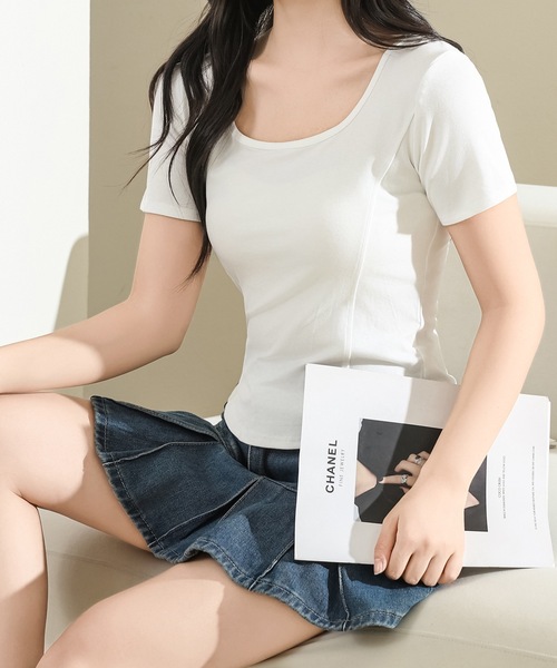 Lace Ladies(レースレディース)の「スクエアネック ラウンドヘム コンパクト 半袖 トップス(Tシャツ/カットソー・レディース・ブラック/グレー/ホワイト/ピンク・S/M/XL)」の6枚目の写真