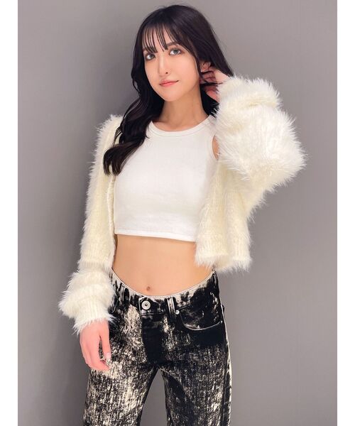 GYDA（ジェイダ）の「シャギーニットショートカーディガン（カーディガン/ボレロ・レディース・その他2/グレー/オフホワイト・FREE）」の4枚目の写真