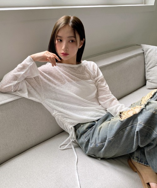 by muni:r(バイ ムニール)の「カバーリネンシースルーシャーリングTシャツ(Tシャツ/カットソー・レディース・ブラック/カーキ/ホワイト・FREE)」の1枚目の写真