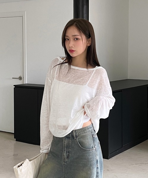 by muni:r(バイ ムニール)の「カバーリネンシースルーシャーリングTシャツ(Tシャツ/カットソー・レディース・ブラック/カーキ/ホワイト・FREE)」の19枚目の写真