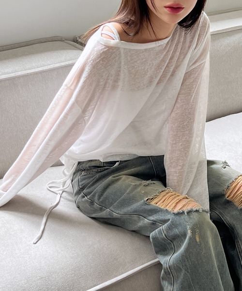 by muni:r(バイ ムニール)の「カバーリネンシースルーシャーリングTシャツ(Tシャツ/カットソー・レディース・ブラック/カーキ/ホワイト・FREE)」の9枚目の写真