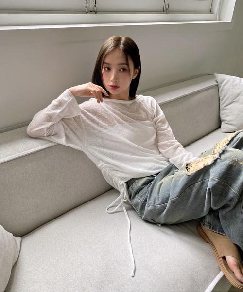 by muni:r(バイ ムニール)の「カバーリネンシースルーシャーリングTシャツ(Tシャツ/カットソー・レディース・ブラック/カーキ/ホワイト・FREE)」の7枚目の写真