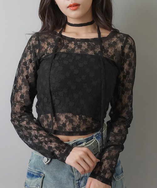 SPINNS(スピンズ)の「ZIP!で紹介されました♪【セットアイテム】タイ付き長袖ショート丈レースカットソー(Tシャツ/カットソー・レディース・ホワイト/ブラック/カーキ/バーガンディー/キナリ/グレー・ONESIZE)」の15枚目の写真