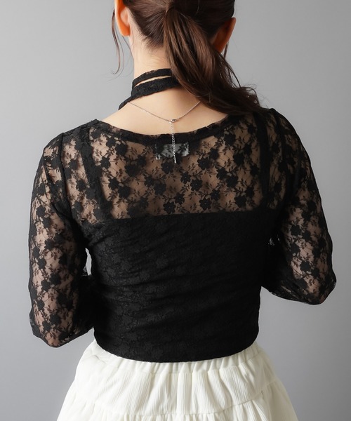 SPINNS(スピンズ)の「ZIP!で紹介されました♪【セットアイテム】タイ付き長袖ショート丈レースカットソー(Tシャツ/カットソー・レディース・ホワイト/ブラック/カーキ/バーガンディー/キナリ/グレー・ONESIZE)」の9枚目の写真