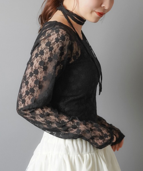 SPINNS(スピンズ)の「ZIP!で紹介されました♪【セットアイテム】タイ付き長袖ショート丈レースカットソー(Tシャツ/カットソー・レディース・ホワイト/ブラック/カーキ/バーガンディー/キナリ/グレー・ONESIZE)」の10枚目の写真