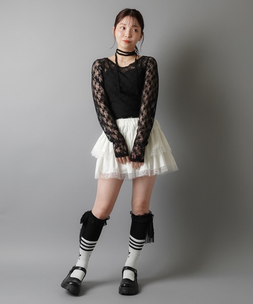 SPINNS(スピンズ)の「ZIP!で紹介されました♪【セットアイテム】タイ付き長袖ショート丈レースカットソー(Tシャツ/カットソー・レディース・ホワイト/ブラック/カーキ/バーガンディー/キナリ/グレー・ONESIZE)」の17枚目の写真