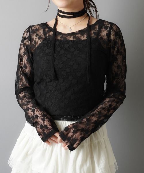 SPINNS(スピンズ)の「ZIP!で紹介されました♪【セットアイテム】タイ付き長袖ショート丈レースカットソー(Tシャツ/カットソー・レディース・ホワイト/ブラック/カーキ/バーガンディー/キナリ/グレー・ONESIZE)」の11枚目の写真