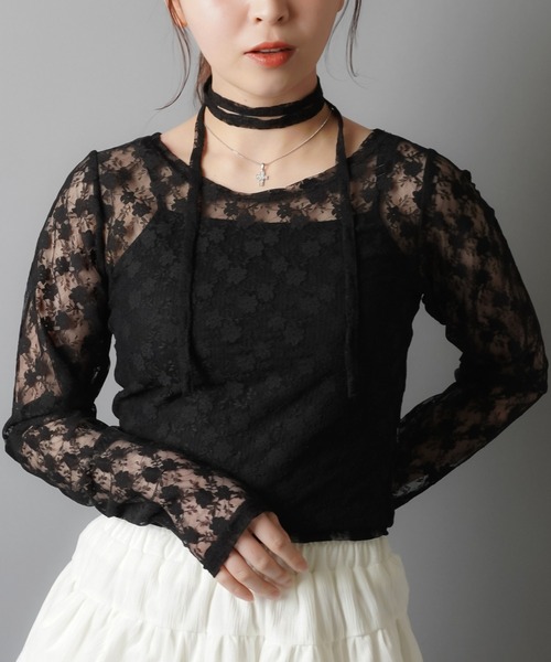 SPINNS(スピンズ)の「ZIP!で紹介されました♪【セットアイテム】タイ付き長袖ショート丈レースカットソー(Tシャツ/カットソー・レディース・ホワイト/ブラック/カーキ/バーガンディー/キナリ/グレー・ONESIZE)」の12枚目の写真