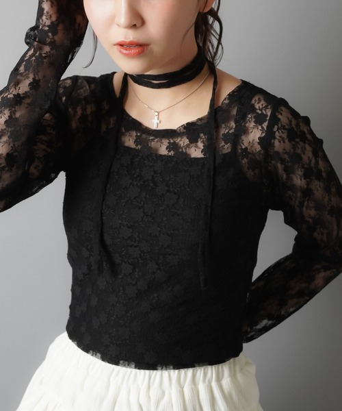 SPINNS(スピンズ)の「ZIP!で紹介されました♪【セットアイテム】タイ付き長袖ショート丈レースカットソー(Tシャツ/カットソー・レディース・ホワイト/ブラック/カーキ/バーガンディー/キナリ/グレー・ONESIZE)」の13枚目の写真