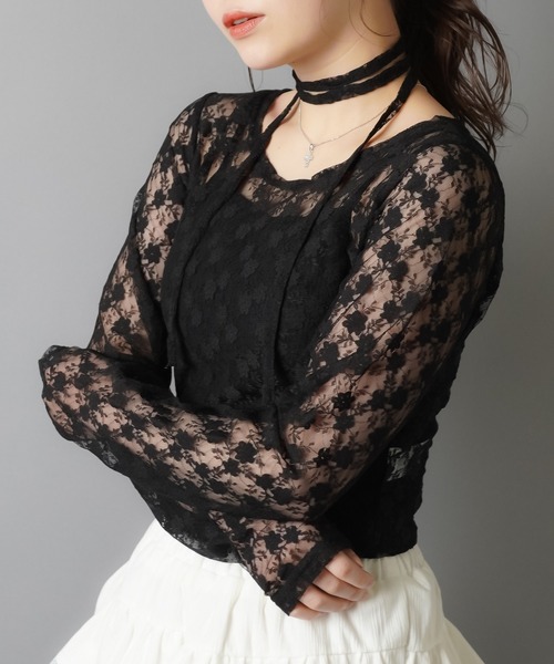 SPINNS(スピンズ)の「ZIP!で紹介されました♪【セットアイテム】タイ付き長袖ショート丈レースカットソー(Tシャツ/カットソー・レディース・ホワイト/ブラック/カーキ/バーガンディー/キナリ/グレー・ONESIZE)」の14枚目の写真