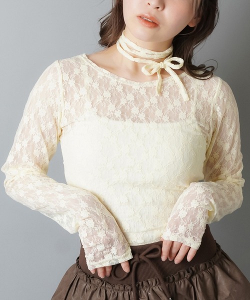 SPINNS(スピンズ)の「ZIP!で紹介されました♪【セットアイテム】タイ付き長袖ショート丈レースカットソー(Tシャツ/カットソー・レディース・ホワイト/ブラック/カーキ/バーガンディー/キナリ/グレー・ONESIZE)」の7枚目の写真