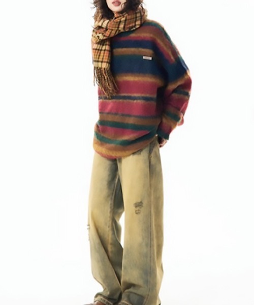 Sibra（シブラ）の「配色ストライブ柄ニットプルオーバー（ニット/セーター・レディース・レッド/ブルー・M）」の9枚目の写真