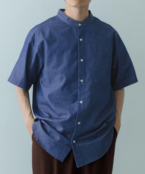 セール】TCインディゴ バンドカラー半袖シャツ（シャツ/ブラウス