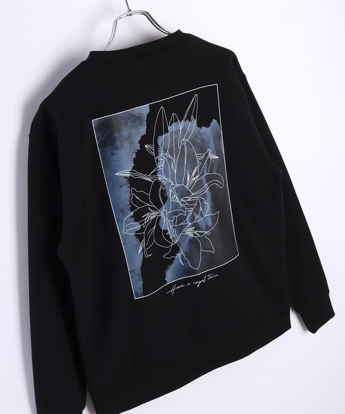新品west wear L　オールブラックトレーナー セール】バックプリント 水彩画タッチ 花柄 裏起毛 スウェット 長袖