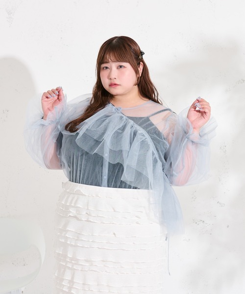 Louiosy(ルオシー)の「【大きいサイズ】マルチウェイチュールブラウスセット(シャツ/ブラウス・レディース・ピンク/アイボリー/ブルー・4L/3L)」の10枚目の写真