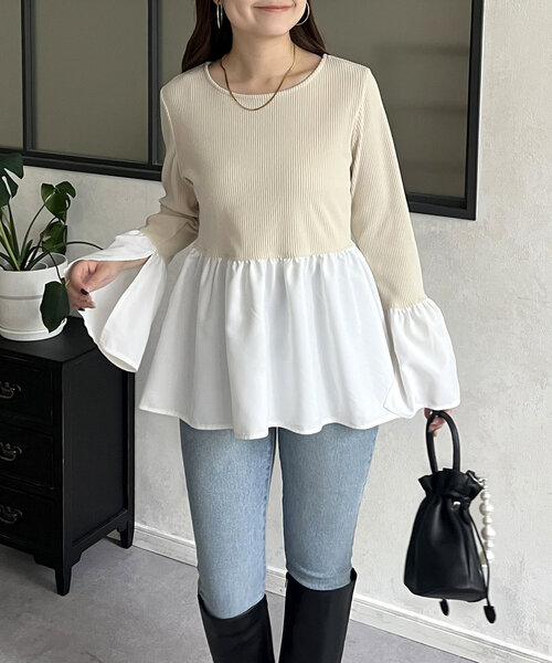 prose verse(プロズヴェール)の「フレアスリーブドッキングペプラムカットソー(Tシャツ/カットソー・レディース・チャコールグレー/ブラック/ライトベージュ・LARGE/MEDIUM)」の3枚目の写真