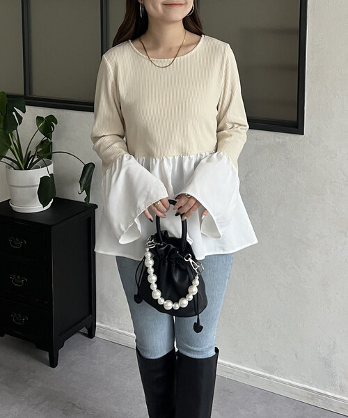 prose verse(プロズヴェール)の「フレアスリーブドッキングペプラムカットソー(Tシャツ/カットソー・レディース・チャコールグレー/ブラック/ライトベージュ・LARGE/MEDIUM)」の6枚目の写真