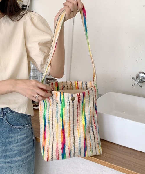 【Native Youth】ストライプ柄ラフィアトートバッグ 送関込 Native Youth - ネイティブ・ユース・ストライプラフィアトート