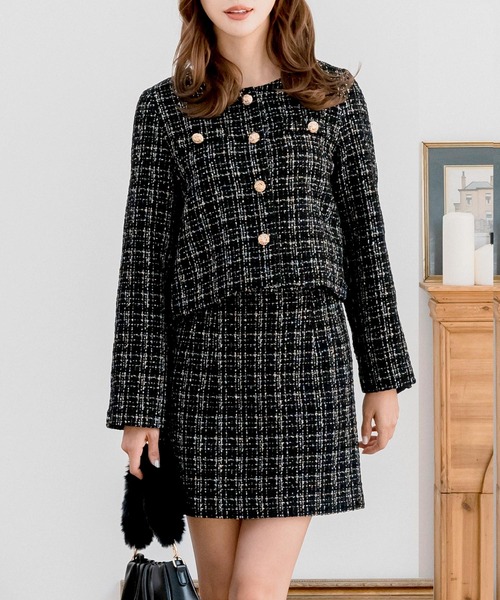 Julia Boutique（ジュリアブティック）の「ハイウエストツイードミニスカート（スカート・レディース・ブラック/ピンク・ONE）」の4枚目の写真