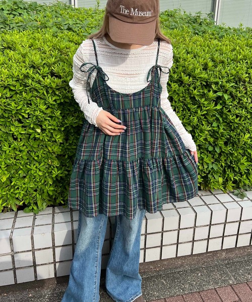 WC(ダブル シー)の「《完売アイテム再販★》リボンセットチェックティアードミニワンピース(ワンピース・レディース・ブラック/レッド/グリーン・FREE)」の4枚目の写真