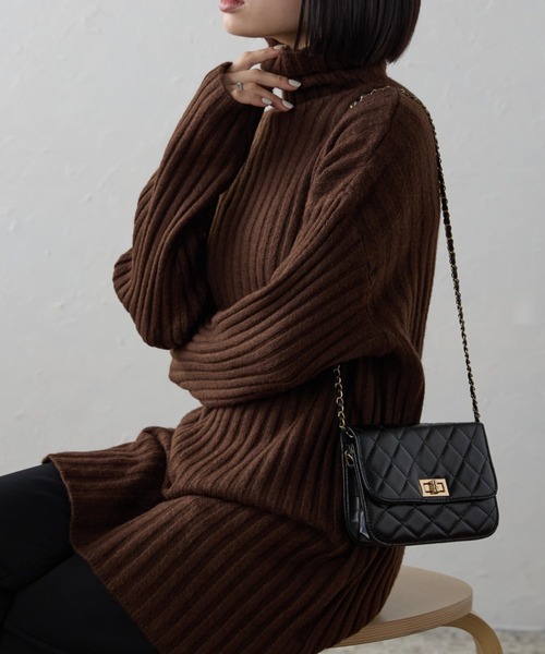 セール】チュニック丈ワイドリブハイネックニット / ニットプル