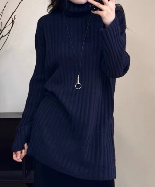 セール】チュニック丈ワイドリブハイネックニット / ニットプル