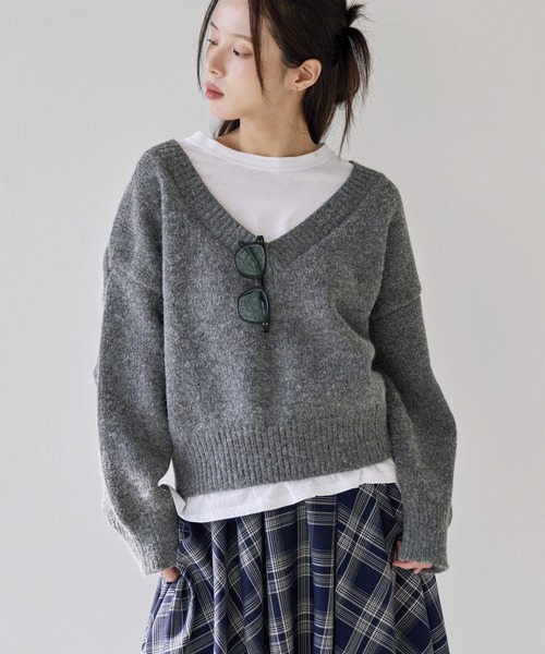 ニット セーター 「UNE ORIGINAL」ユニークリブオープンVネックニット レディース メンズ UNE ORIGINAL】ユニークリブオープンVネックニット（ニット